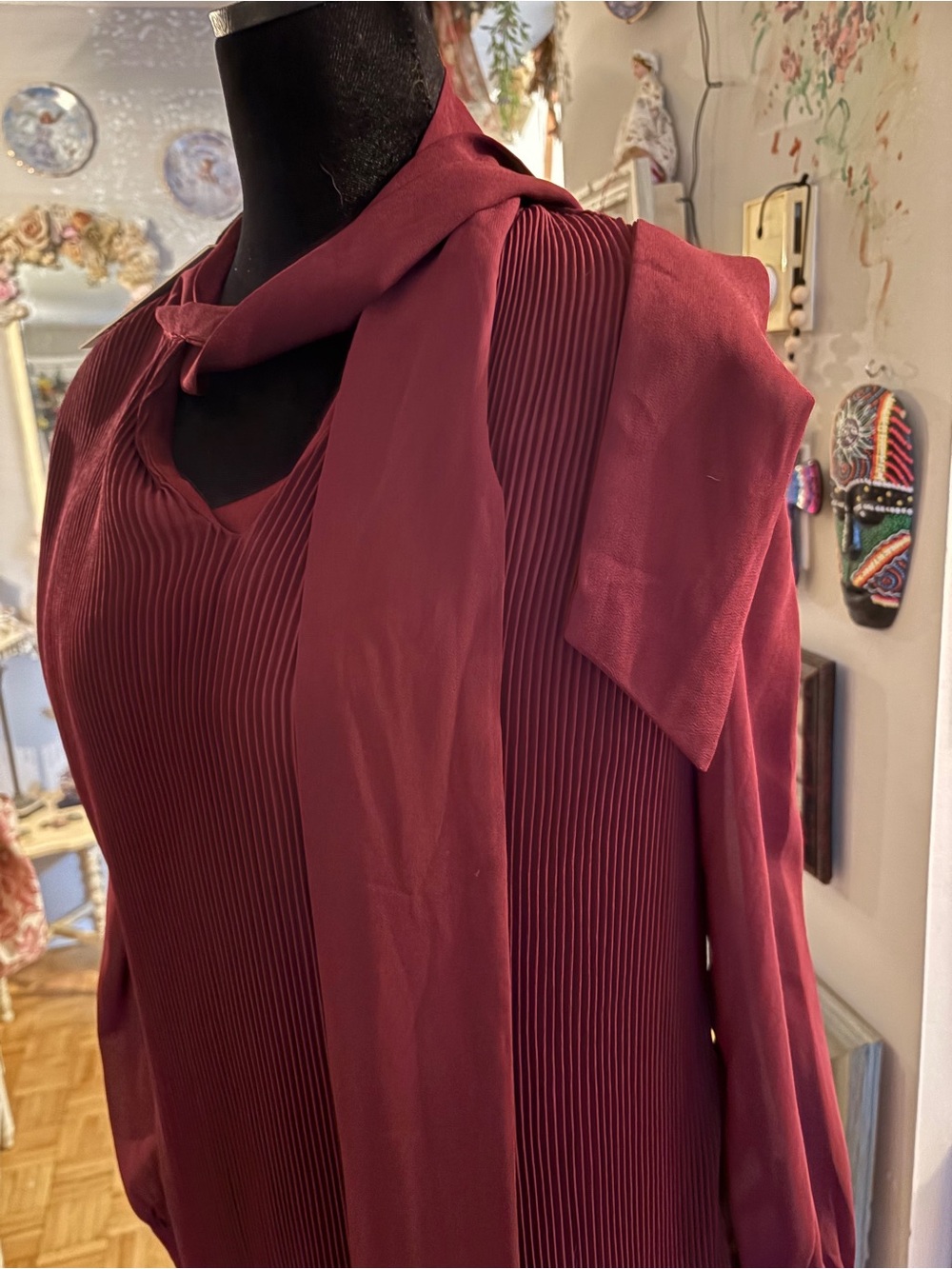 Women's Pleated Long-Sleeve Dress with Neck Tie - Burgundy - Picture 2 of 5